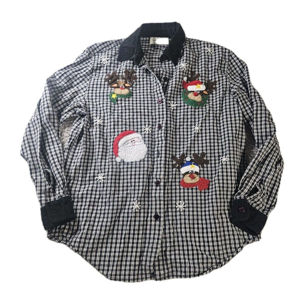 Vintage Women S Christmas Button Up Black White Plaid Reindeer Santa Embroidered